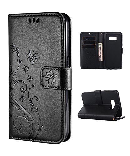 FLYEE Case Compatible with Samsung Galaxy S8 (5.1inch,Released in 2017),Wallet Case for Women and Girls with Card Holder,Leather Flip case Kickstand for Galaxy S8-Embossed Flowers Black