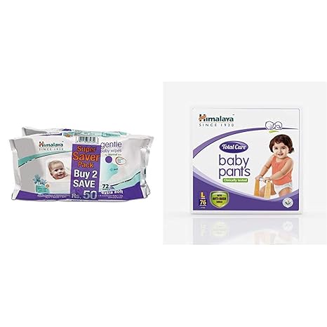 Himalaya Gentle Baby Wipes (72 Count, Pack of 2) & Himalaya Total Care Baby Pants Diapers, Large(76 Count)