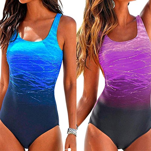 Snowfoller Womens Swimming Costume Geometric Lines Printed Padded Gradient Color Swimsuit Monokini Push Up One-Piece Bikini (M, Purple)