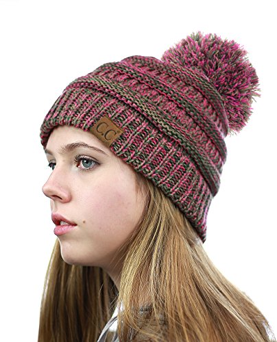 NYFASHION101 Unisex Multicolor Warm Cable Knit Slouch Pom Pom Beanie Cap, Hot Pk/Ol/Camel
