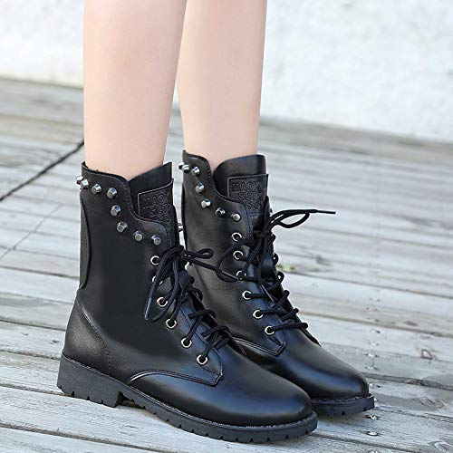 Hunzed Women【Leather Round Toe Lace-Up Boots】Women Military Knit Ankle Cuff Low Heel Combat Boots (5.5 M US, Black)