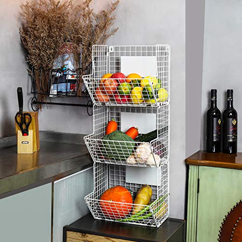 Xcosrack Metal Wire Basket Wall Mount, 3 Tier Wall Storage Basket