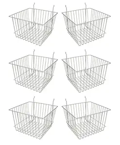 Econoco - Epoxy Chrome Multi-Fit 12 Deep Wire Basket for Slatwall, Pegboard or Gridwall (Set of 6) Metal Semi-Gloss Basket, Epoxy Chrome