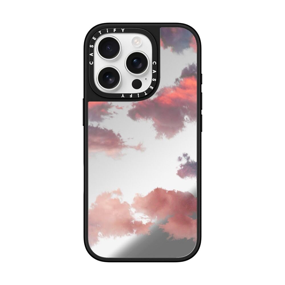CASETiFY Mirror iPhone 16 Pro Case [Reflective / 4.9 ft. 1X Military Grade Drop Protection/Compatible with Magsafe] - Clouds (Red) - Silver on Black