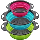 Qimh Collapsible Colander Set of 3 Round Silicone Kitchen Strainer Set - 2 pcs 4 Quart and 1 pcs 2 Quart- Perfect for Draining Pasta, Vegetable and fruit (green,blue, purple)