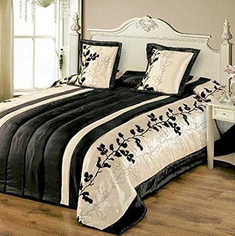 TAGESDECKE MIT KISSENBEZÜGE inkl. Kissen Satin 200x220 + 2X 45x45 GLÄNZEND (10203 Schwarz)