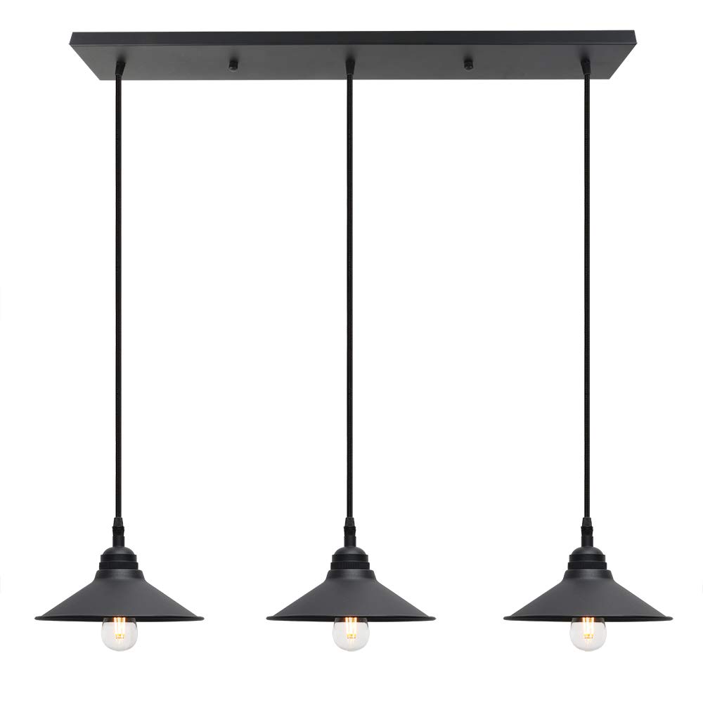 Phansthy Industrial 3 Light Head Pendant Light Retro Style Chandelier Light Rectangle Long Base Hanging Lamps, Suitable for Living Room Kitchen Hall Staircase, E27 Black
