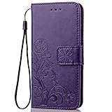 LG K8 (2017)| LG Aristo|LG LV3 MS210 Case,Floral Clover Embossed PU Leather Magnetic Flip Cover Card Holders & Hand Strap Wallet Purse Cover Case For LG K8 (2017)| LG Aristo|LG LV3 MS210 Purple