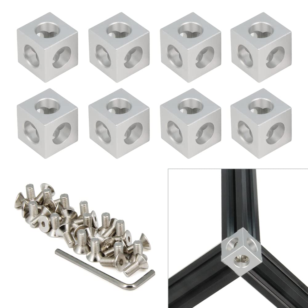 Yeebyee 2020 Aluminum Cube Corner Bracket with M5x14mm Screws for 6mm Slot 2020 Series Aluminum Extrusion Profile, 8pcs/Pack (Silver-Cube Corner)