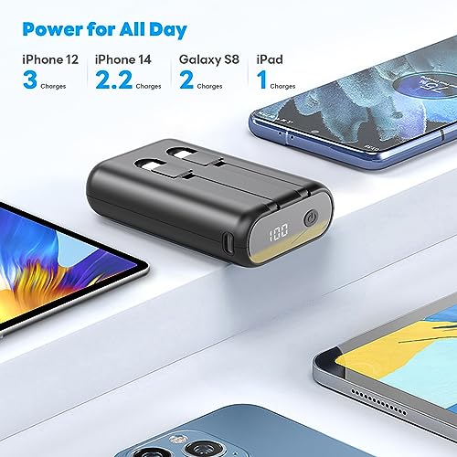OHZHAO Portable Phone Charger 12000mAh with Built-in Cables, LED Display, Fast Charging Ultra Compact Portable Charger Power Bank, Battery Pack for iPhone 15/14/13/12 Series,Samsung/Google/LG/iPad etc