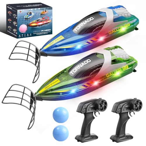 RC Fast RC Boat - 2.4GHz Waterproof Dual RC Boat Set with LED Double Propeller, Automatic Flip 2 Speed, 4 Batteries, for Kids Adults, Swimming Pool and Lake