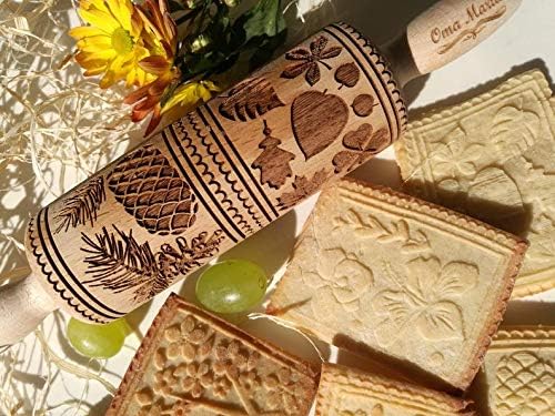 Wooden embossed rolling pin, textured rolling pins for cookies with Springerle pattern, Cookie baking mold by OmaMarta, Small size