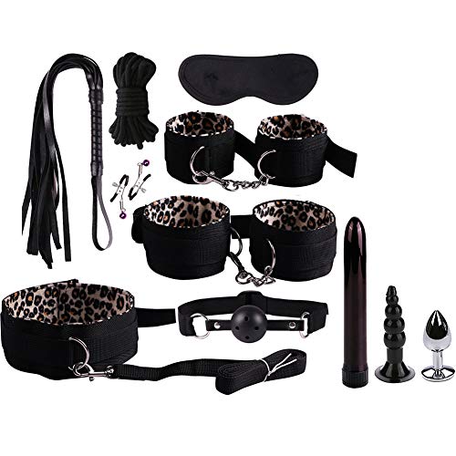 11 Piece Plush Bondage Restraints Set Kit for Bed and Under Bed Sex Play SM Bondage Toy Gear Wrist Cuffs Gags Collar Spanking Nipple Rope Strap On Harness for Women Couples Lesbian Female,A2