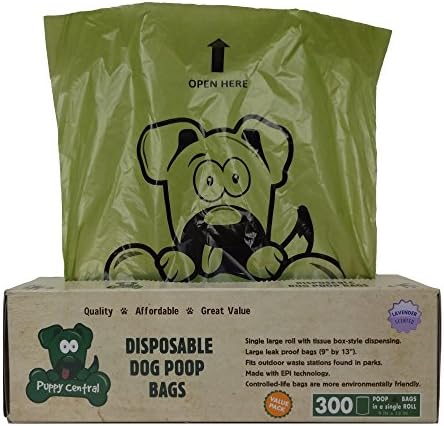 Puppy Central Dog Waste Bags for Pantries, 300 Large Leak-Proof Bags in Tissue-Box Dispensing Style Box, Single Roll, EPI Technology, Lavender Scented