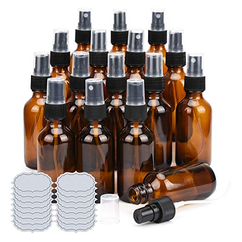 ULG 2oz Amber Glass Spray Bottles 16 Pack Small Fine Mist Sprayer Empty Refillable Essential Oils Perfume Cologne Atomizer for Outside Travel, DIY Labels Included