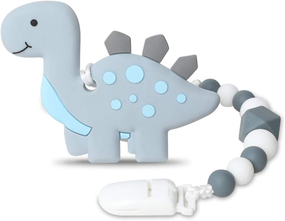 Baby Dinosaur Teething Toys, BPA Free Food Grade Silicone Teether with Pacifier Clip, Highly Effective Pain Relief for Boy and Girl, Freezer Safe Teething Egg (Gray) : Baby
