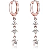 Reffeer Solid 925 Sterling Silver CZ Flower Chain Dangle Earrings for Women Teen Girls Chain Drop Hoop Earrings