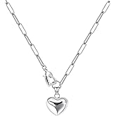 Zikichiky Silver Heart Necklace for Women-Sterling Silver Puffy Heart Pendant Necklace with Paperclip Chain Statement Chunky Jewelry Love Gifts