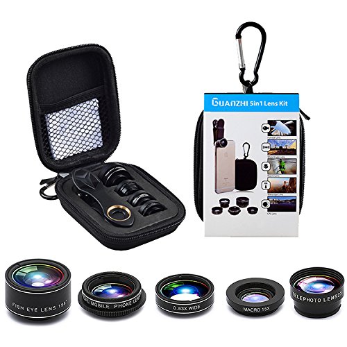 Phone lens 5 in 1 GUANZHI HD Camera Lens Kit 198 Degree Fisheye Lens/0.63x Wide Angle/15x Macro Lens/2X Telephoto Lens/CPL Lens for iPhone X/8/7/6/6s Plus/5s SE Samsung Galaxy S7/S7 E(5 in 1 Lens Kit)