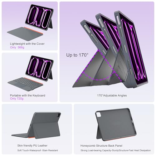 WIWU Keyboard for iPad Pro 13 M4/M5 2024/2025 Magnetic Case 3 in 1 Detachable Keyboard with Touchpad Adjustable Stand Backlit Keys 7 Colors (Gray, iPad Pro 13"(M4/M5 2024/2025)