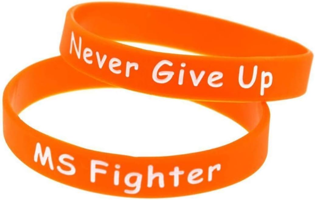 Medical ID Me (2 PACK) Orange MS Fighter Never Give Up Silicone Wristband Multiple Sclerosis MS Bracelet UK (Medium 18cm)