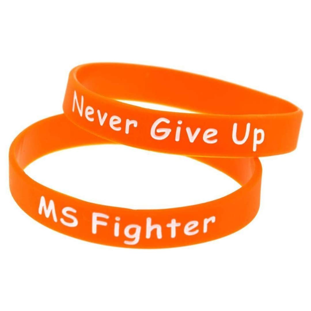 Medical ID Me (2 PACK) Orange MS Fighter Never Give Up Silicone Wristband Multiple Sclerosis MS Bracelet UK (Medium 18cm)