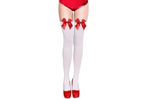 NONSOMPLE Women’s Satin Red Bow Thigh High Stockings White Silk Over Knee Long Socks for Costume