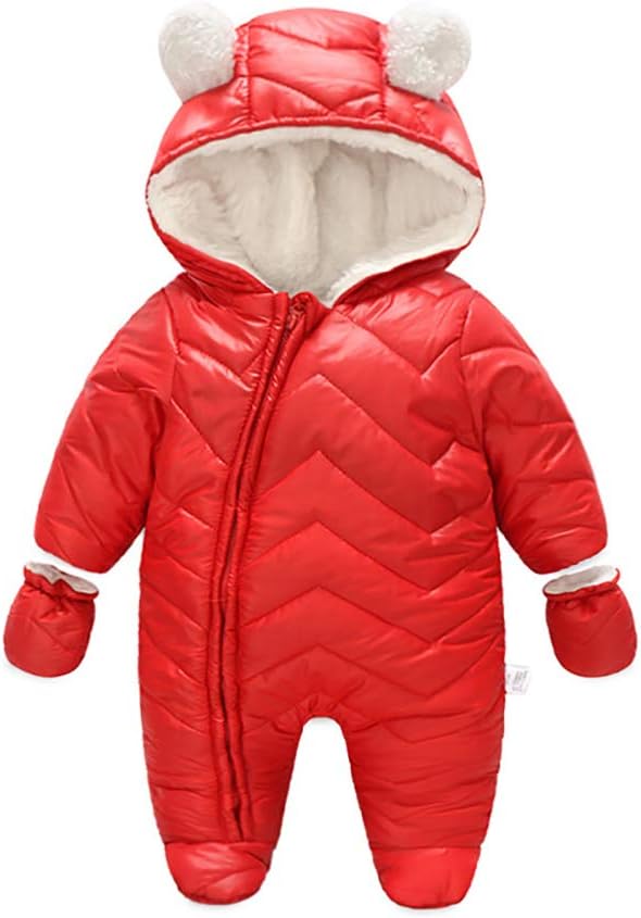 Baby Boy Girl Winter Hooded Snowsuit Romper Zipper Padding Bodysuit Infant Puffer Jacket with Gloves 3-24 Months