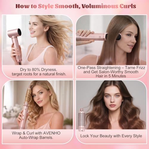 AVENHO 5 in 1 Hair Dryer Brush, Hot Air Brush with Detachable Heads, Straightener, Curling and Volumizer, Lightweight for Travel - Blush