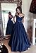 Harsuccting Off The Shoulder Beaded Satin Evening Prom Dress with Pocket Navy 16