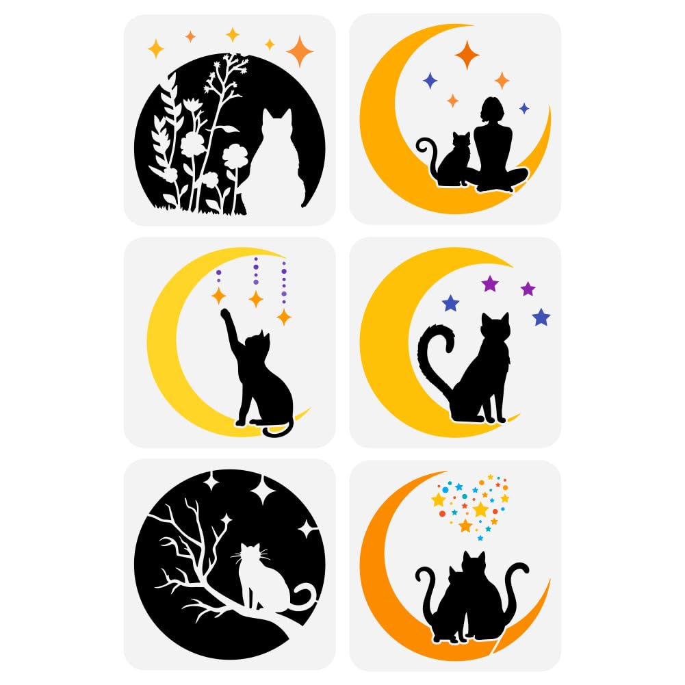 FINGERINSPIRE 6PCS Moon Cat Painting Stencil Set - 20x20cm Reusable Silhouette Template for Painting on Wood Wall