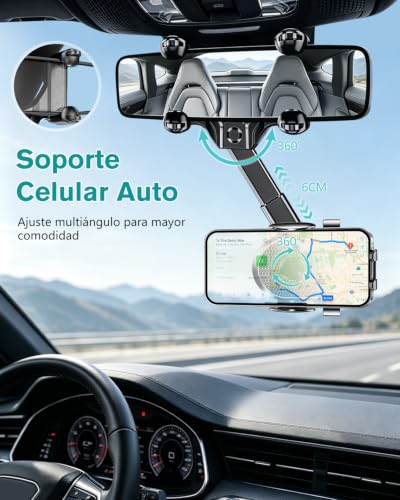 LONGLIV Soporte Celular Auto, Soporte de Teléfono Giratorio y Retráctil de 360°, Multipropó Sito, se Puede Utilizar en los Espejos Retrovisores del Coche, Compatible con iPhone, Xiaomi, Redmi, Huawei