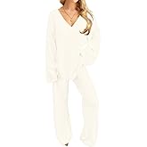 NORACORA Womens 2 Piece Fuzzy Fleece Lounge Sets Long Sleeve V Neck Pajama Set Fluffy Pjs Matching Loungewear