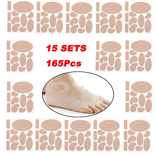 Moleskin Tape Flannel Adhesive Pads Anti-wear Heel Pads Heel Stickers Blister Dressing Prevention Pads for Feet Fabric Padding 165Pieces 11 Shapes 15Sets