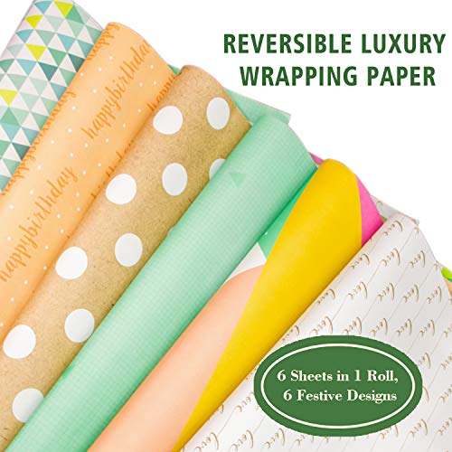 ANZON MORIES Reversible Gift Wrapping Paper for Any Occasion, 6 Sheets in 1 Roll, 6 Designs (17.5"x27.5", 44.5x70cm, 3.35Sq.Ft/Each) Super Strong 128GSM White Kraft Paper Duplex 2 Designs Wrap Tissue - Thumbnail 6