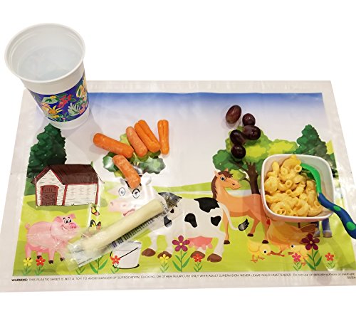 Extra Sticky Disposable Plastic Placemat for Baby and Toddlers - 60 Count - New Farm Animals Design for 2018 - BPA Free - Use for Easy Cleanup of Tabletops - Keep Area Germ Free - Adhesive on 4 Sides