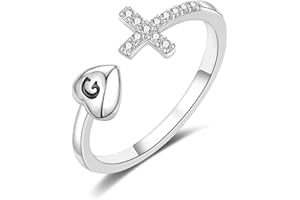 RLMOON Heart Initial Ring 14K Gold/Silver Plated CZ Cross Ring for Women Teen Girls Non Tarnish Gold Ring Adjustable Dainty Letter Ring Personalized Gold Jewelry Gift