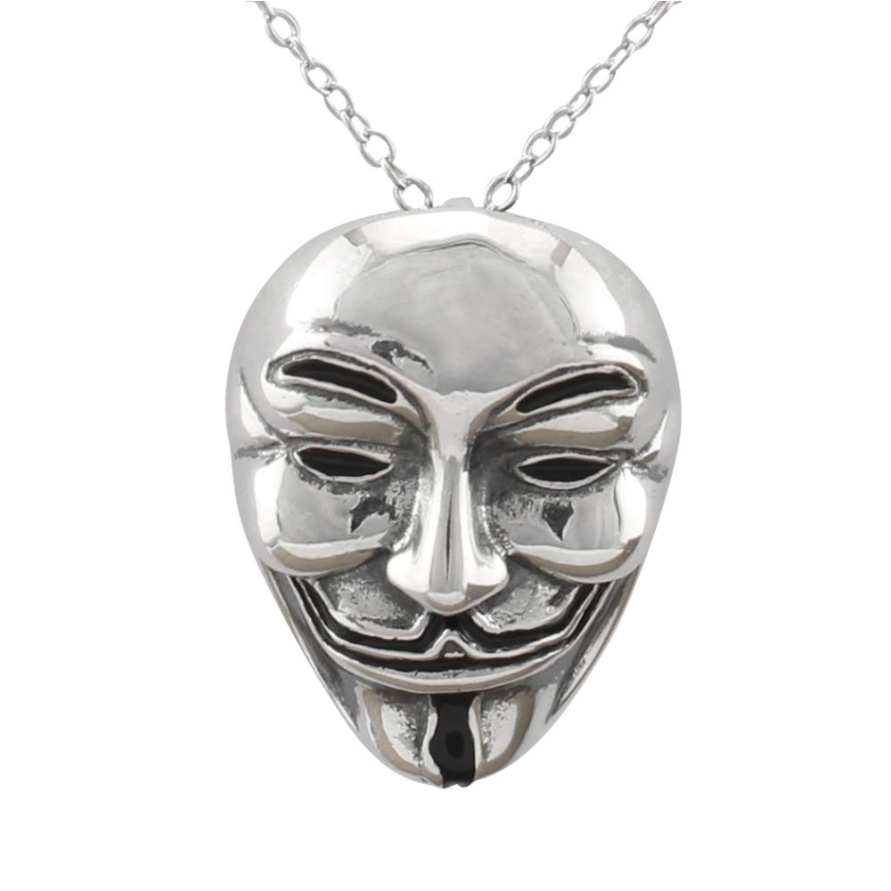 Serebra Jewelry Guy Fawkes Mask Pendant Necklace in 925 Sterling Silver