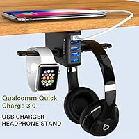 Yostyle Headphone Stand with USB Charger,Under Desk 5 USB Port QC3.0 Quick Charging Station & Headset Hanger and Mount with Cable Organizer,USB-A and QC 3.0 | Gaming, Computer, and PC Accessory