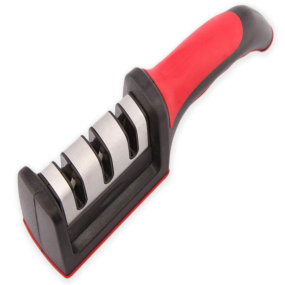 Stainless Steel Kitchen Knife Sharpener 3-in-1 for Straight and Serrated Knives, 3 Stage Manual Sharpener- Ceramic, Coarse& Finest Grinding, Easy Ergonomic Design with Non-Slip Base
