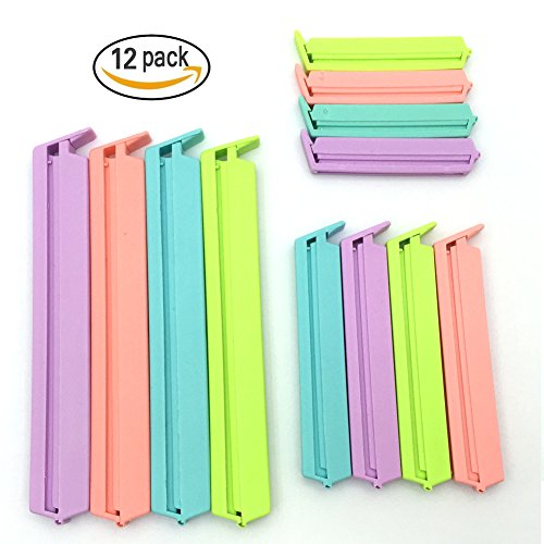 JIALEEY Plastic Sealing Clips Bag Clips for Food and Snack Bag Clamp Sealer For Kitchen Home Storage, Set of 12 Assorted Colors (2.7 in,3.7 in,5.5 in)