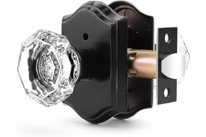 Orger Octagonal Crystal Door Knob 1 Pack, Interior Privacy Door Handle for Bed/Bathroom with Pin Lock Inside, Black Vintage Rosette Door Knob with Heavy Duty Genuine Glass