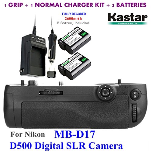 Kastar Pro Multi-Power Vertical Battery Grip (Replacement for MB-D17) + 2x EN-EL15 Replacement Batteries + Charger Kit for Nikon D500 Digital SLR Camera