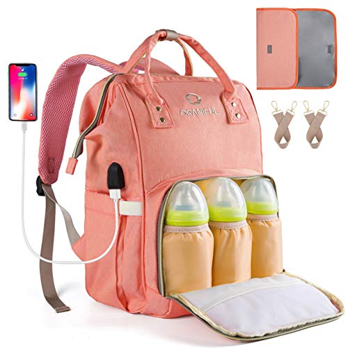 Diaper Bag Backpack for Mom Waterproof Baby Nappy Bags Insulated Bottle Pockets ORANIFUL Large Multi-functional Travel Back Pack Built-in USB Charging Port with Changing Pad & Stroller Straps (Orange)
