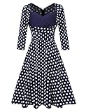 Women V Back Swing Vintage Rockabilly Dress with Elbow Sleeve Polka Dot Blue L