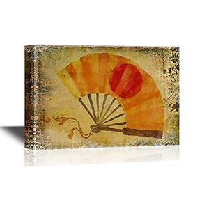 Japanese Culture Canvas Wall Art - Japanese Traditional Fan on Grunge Background - Gallery Wrap Modern Home Art | Ready to Hang - 12x18 inches