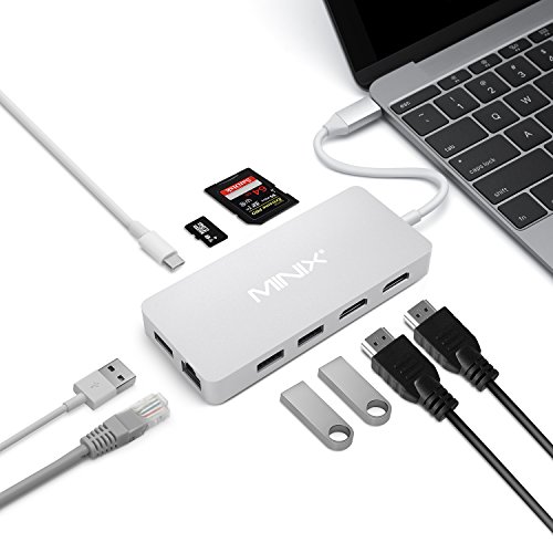 MINIX USB-C Hub Multiport Adapter with Dual HDMI Output, 4K Adapter, 3 USB 3.0 Ports, Gigabit Ethernet Port,USB-C Charging Port, Micro SD/SD Card Readers for Apple MacBook/MacBook Pro. (Silver)
