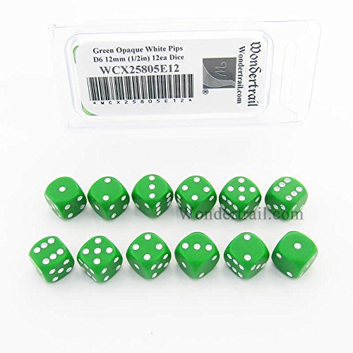 Green Dice with White Pips D6 12mm (1/2in) Pack of 12 Wondertrail WCX25805E12