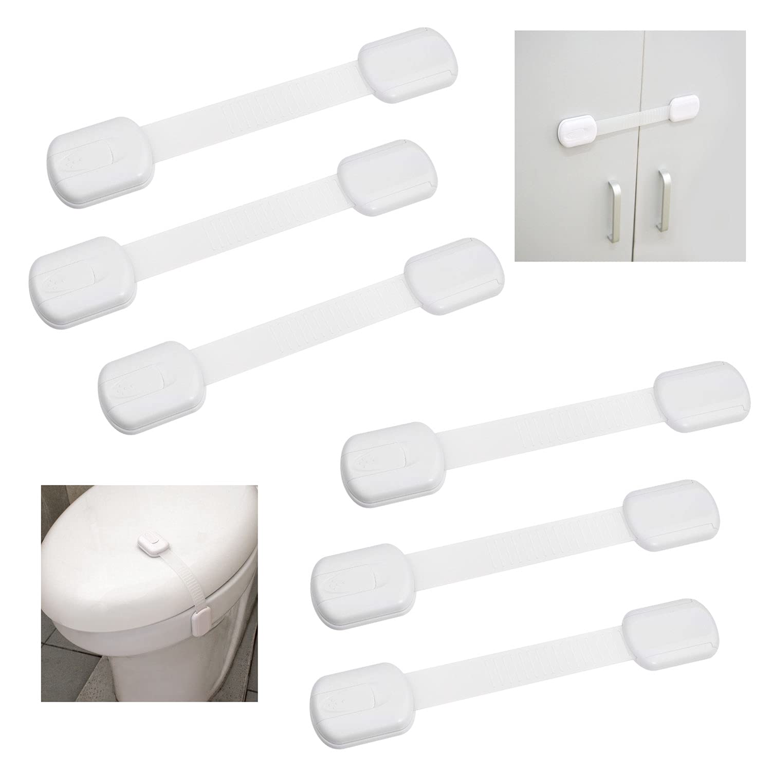 Child Safety Locks (White) - Set of 6 - Prevents Injury and Opening (Oven) Doors, (Kitchen Sink) Cabinets, Toilet Seats, etc. - No Tools or Screws Needed - Strong Removable 3M Adhesive - Adjustable