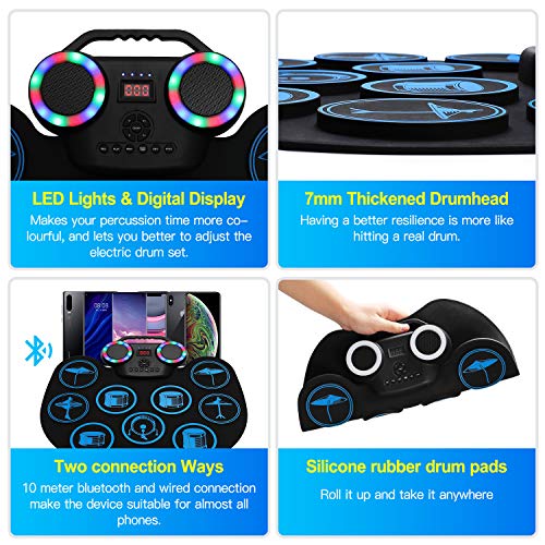 Electronic Drum Pad Multicolor LED Digital Display Hand Roll-Up Drum Kit 9 Silicon Durm Pad Built-In Stereo Speaker Bluetooth, MIDI, for Kids Beginners - Uverbon